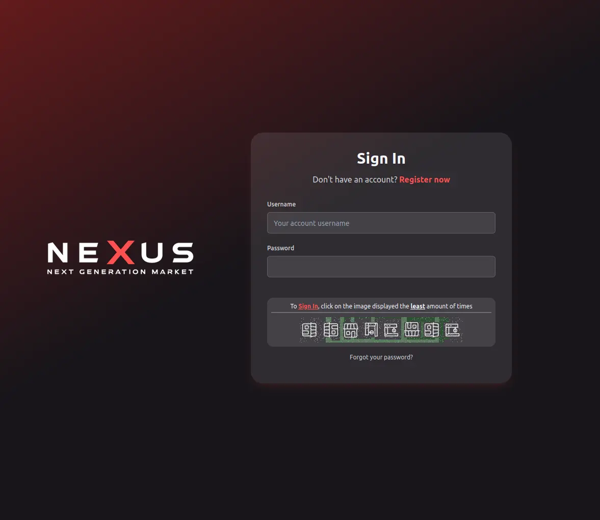 Nexus Market login page interface with captcha verification