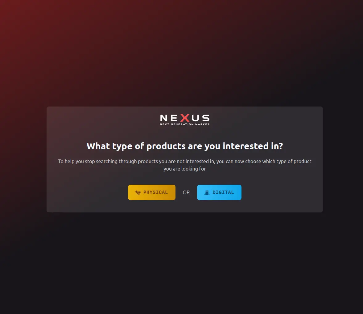 Nexus Market product category selection - Physical and Digital goods
