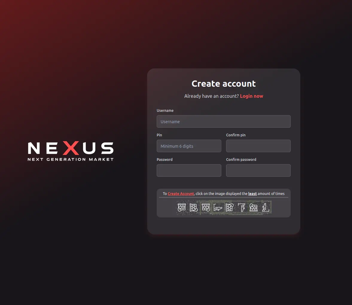 Nexus Market registration form with username, password and captcha fields